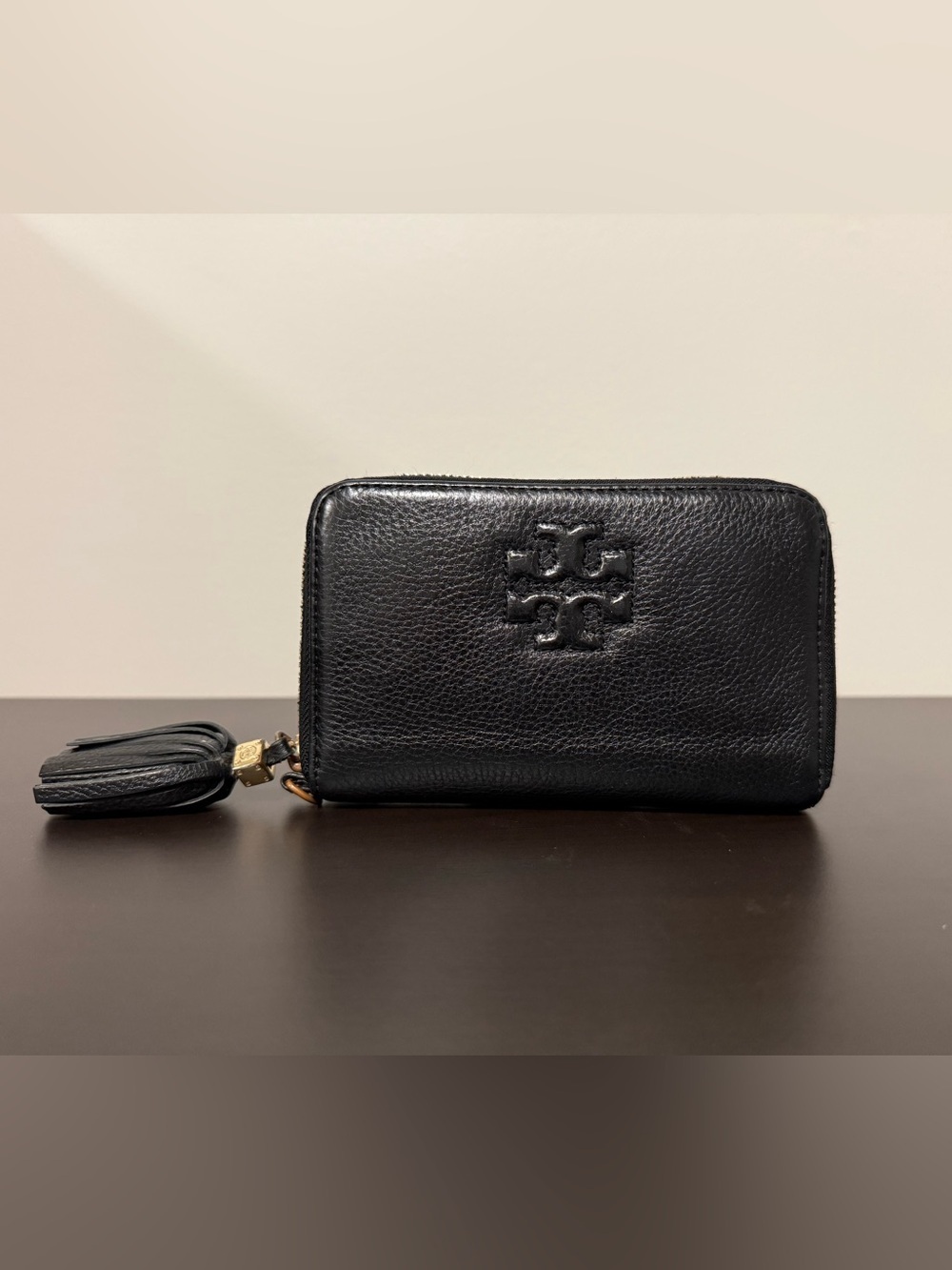 Tory Burch Thea Zip Continental Wallet Black Leather Tassel